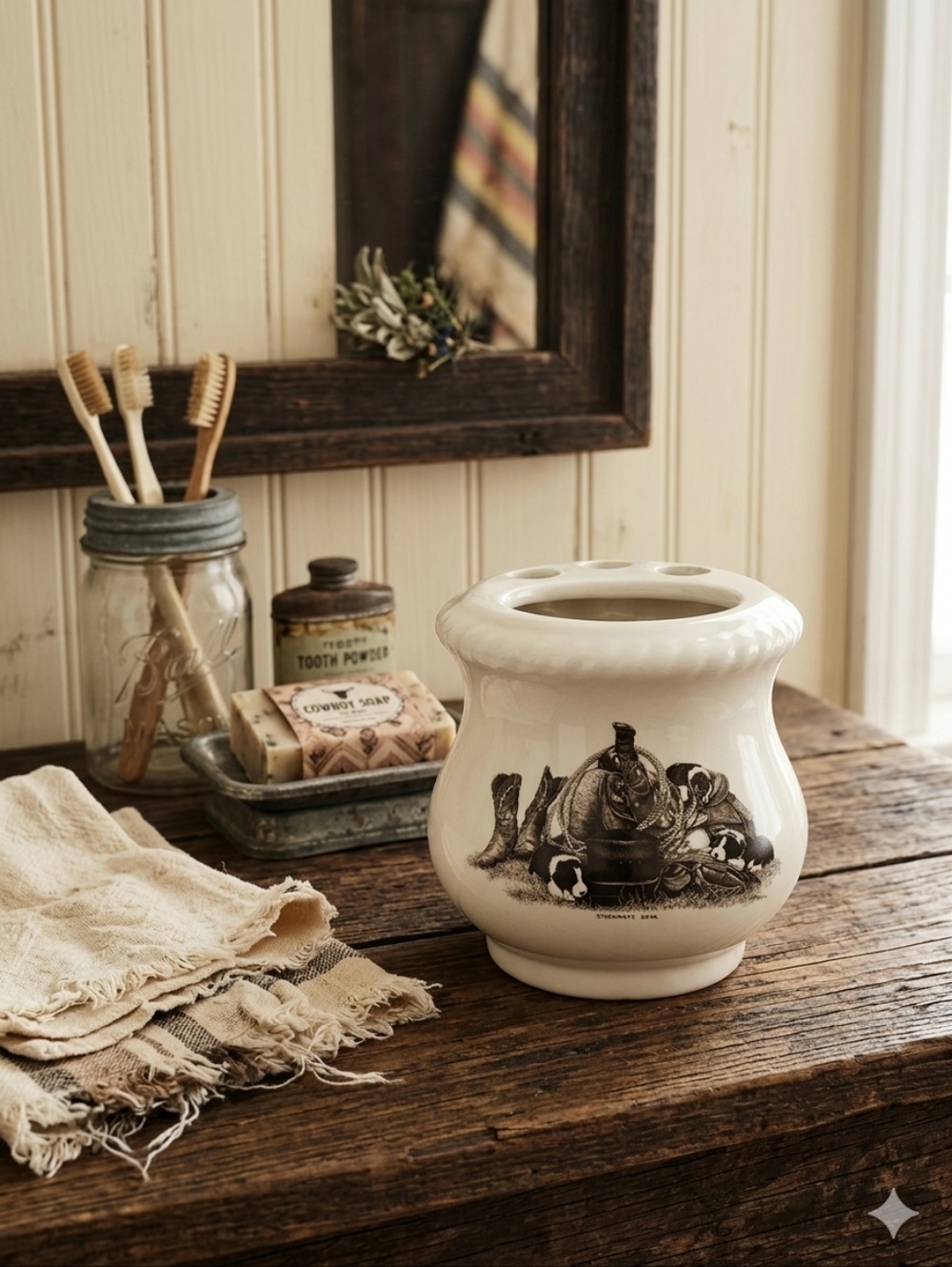 Bernie Brown "Stockman's Gear" Western Ceramic Toothbrush Holder